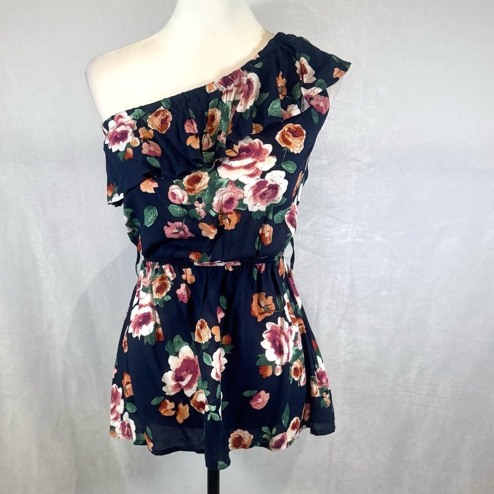 A’gaci navy floral ruffle one shoulder peplum top size small NWT